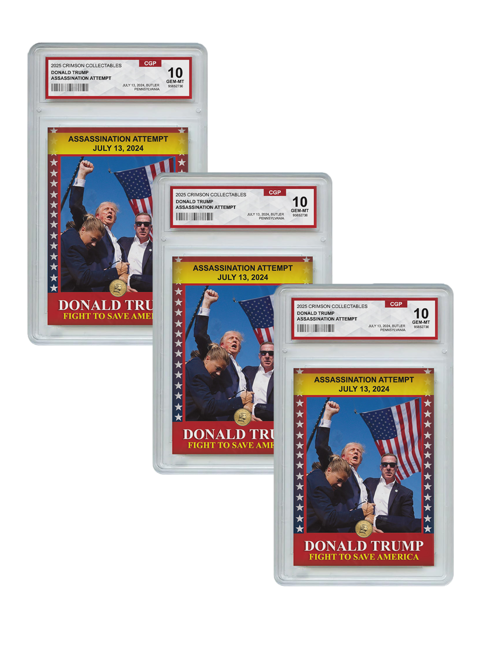 3 x Donald Trump Trading Card - 3D Assassination Attempt - Gem Mint Graded 3D Collectable Card