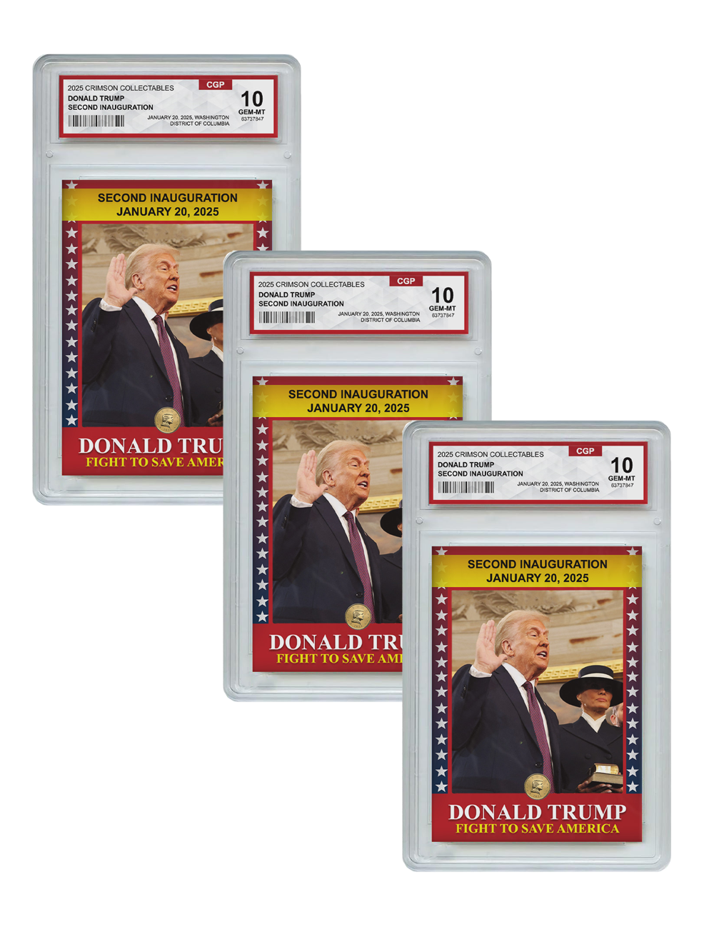 3 x Donald Trump Trading Card - 3D Inauguration - Gem Mint Graded 3D Collectable Card