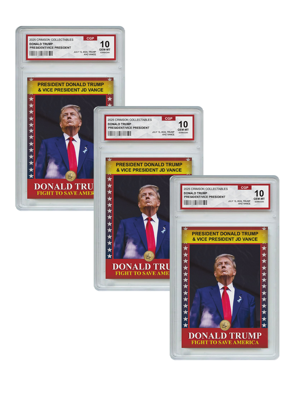 3 x Donald Trump Trading Card - 3D Donald Trump/JD Vance- Gem Mint Graded 3D Collectable Card