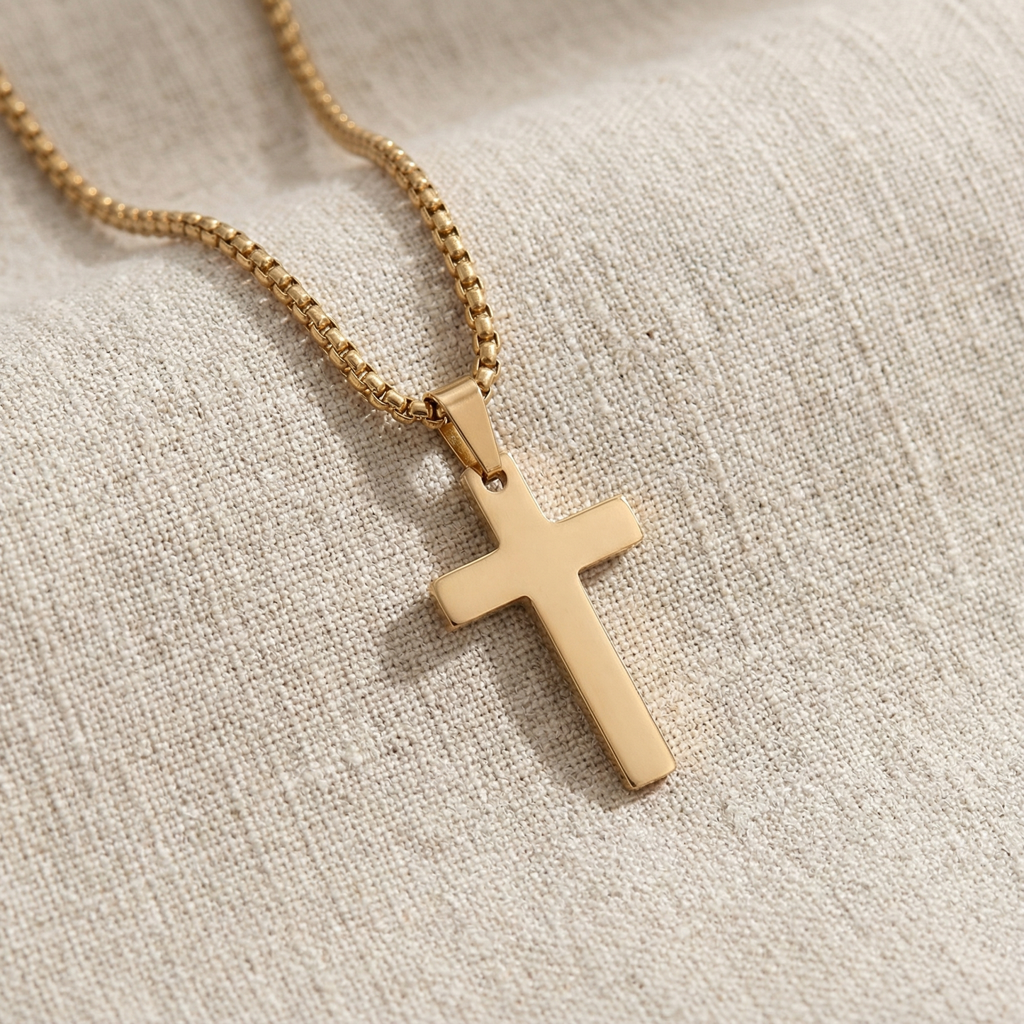 18K Gold Plated Christian Cross Necklace for Men & Women – 1 Inch Stainless Steel Pendant, Rounded Box Chain