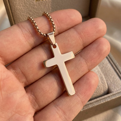 18K Gold Plated Christian Cross Necklace for Men & Women – 1 Inch Stainless Steel Pendant, Rounded Box Chain